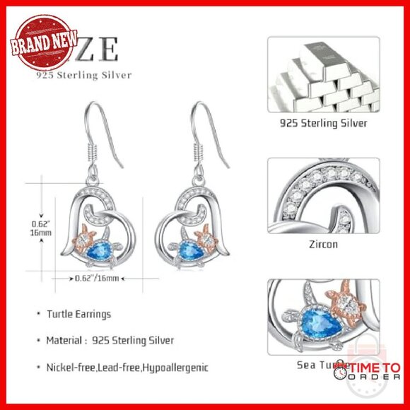 Sterling Silver Turtle Stud Earrings 16mm 925 Lever Back Zircon